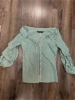 Zara Green and White Striped Off-Shoulder Button-Down Top